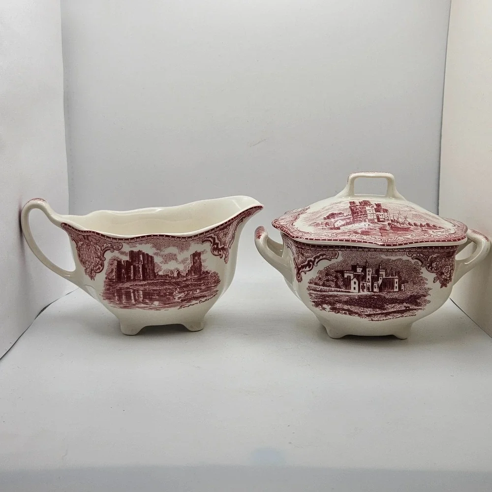 VTG Johnson Bros Old Britain Castles Pink Creamer & Covered Sugar‎ Bowl Set